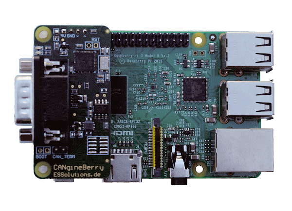 CANgineBerry mounted on a Raspberry Pi