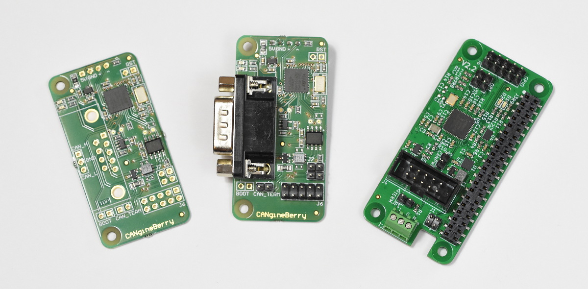 CANgineBerry module shown from three angles